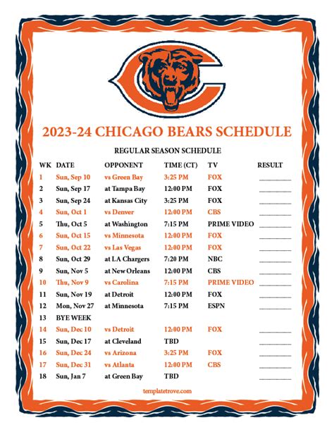 chicago bears 2023 schedule printable